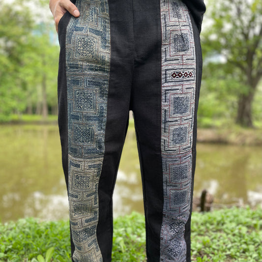 Pantalon patchwork unisexe en chanvre fabriqué à la main